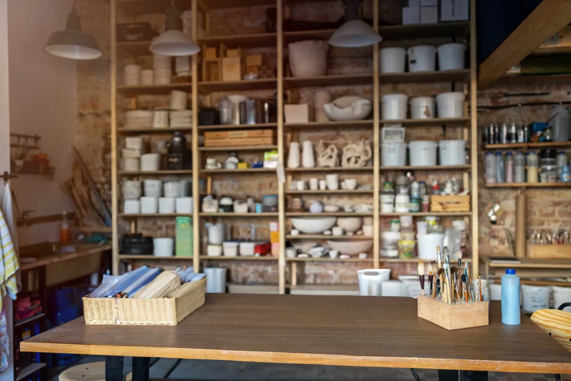 Pottery studio Manassas VA workbench for ceramics and glaze testing in clay studio